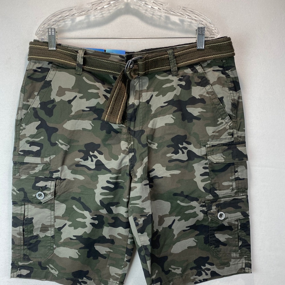 Iron Co. Twill Cargo Short Mens 34 Green Camo Belted Stretch Flex Waistband